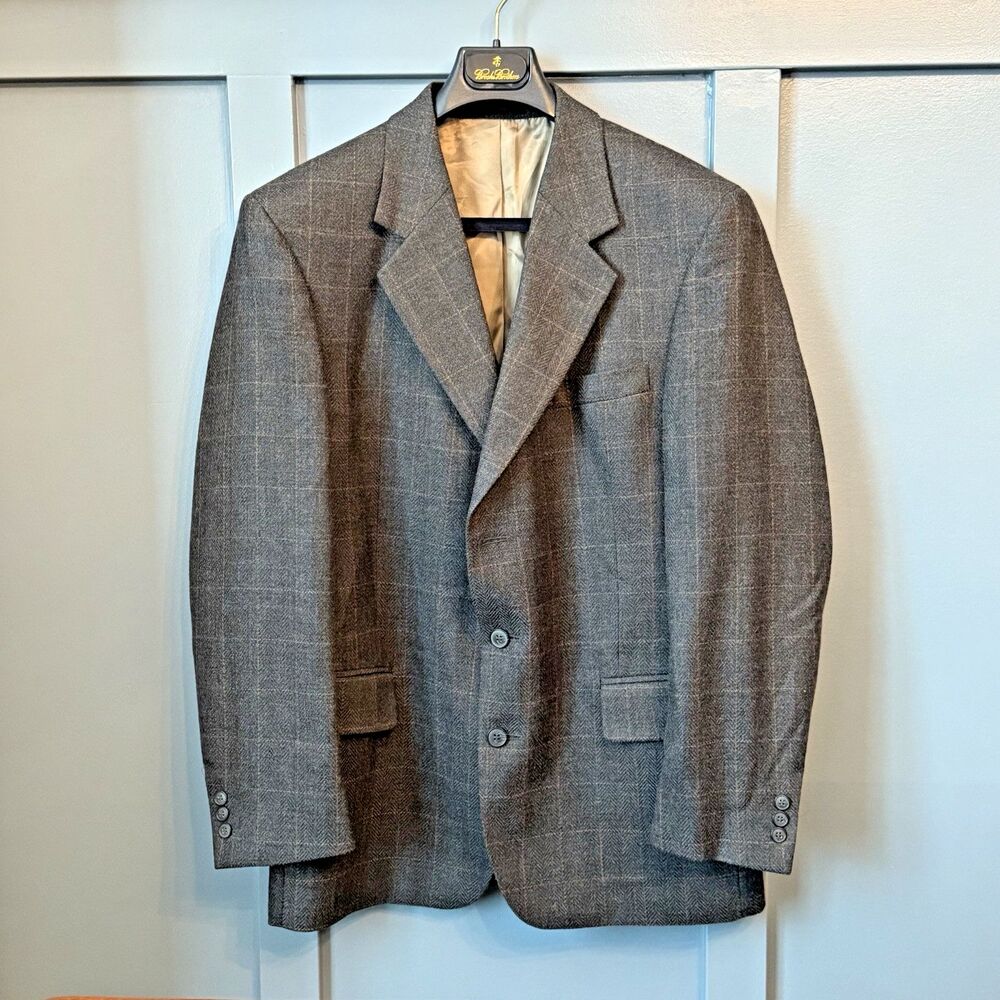 John Weitz Sport Coat 40R Gray‎ Brown Windowpane 100% Wool Vintage